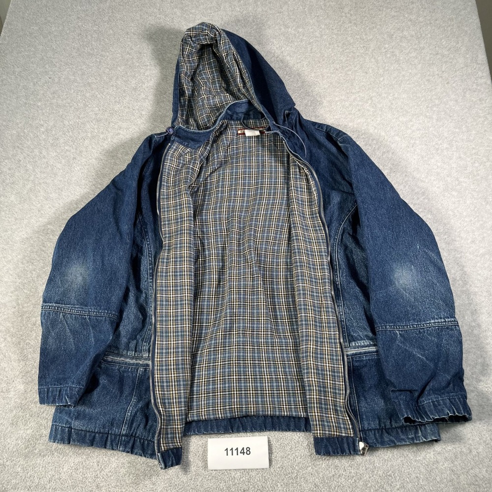 Tudor Court Mens Blue Denim Hooded Jacket Plaid Flannel Lined Full Zip L Large